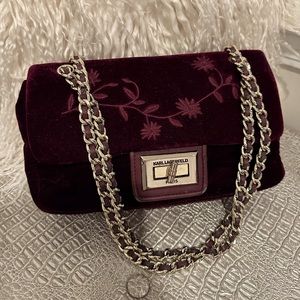 Karl Lagerfeld Embroidered Velvet Burgundy Bag